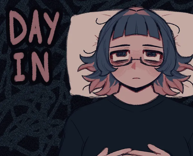 Day In cover: Rese, with glasses and tired, shadowed eyes, lying on her pillow beside the scrawled title