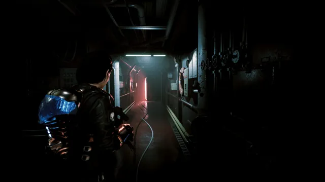 Daymare: 1994 Sandcastle screenshot: Dalila Reyes with the Frost Grip on her arm walks down a dark corridor toward a red light