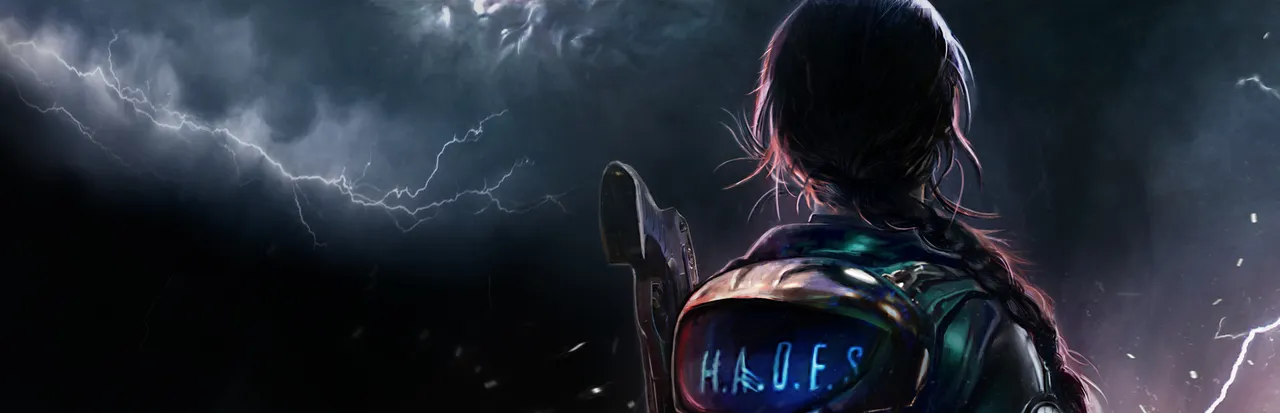 Daymare: 1994 Sandcastle key art: agent Dalila Reyes seen from behind, a glowing H.A.D.E.S. pack on her back, under a sky full of lightning
