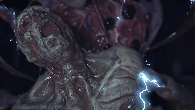 Daymare: 1994 Sandcastle screenshot: close view of a skinless, screaming creature with electric sparks