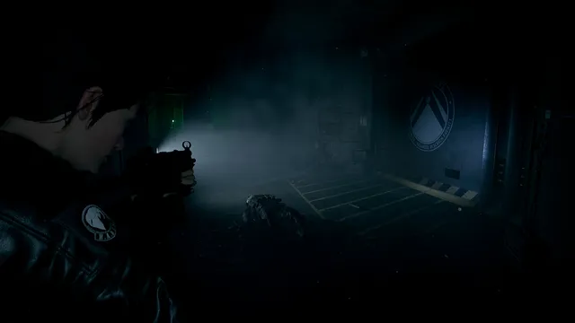 Daymare: 1994 Sandcastle screenshot: Dalila points a flashlight across a dark, misty hangar floor