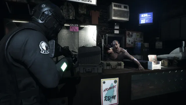 Daymare: 1998 screenshot: a helmeted soldier faces a mutated man climbing over a shop counter