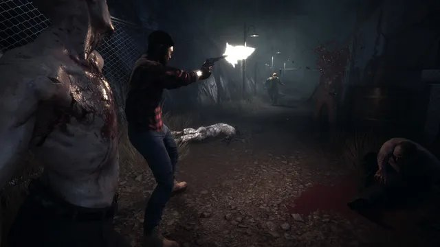 Daymare: 1998 screenshot: a man fires a pistol at mutated creatures on a dark path with blood on the ground