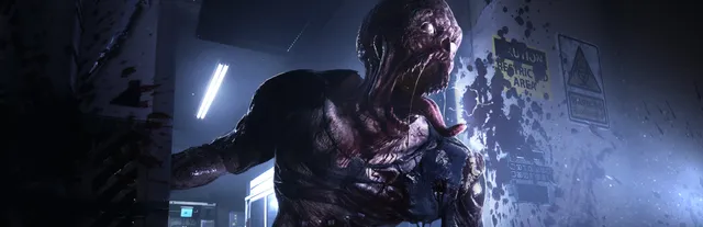 Daymare: 1998 key art: a skinless mutated creature with a split face lunges out of a lit lab corridor