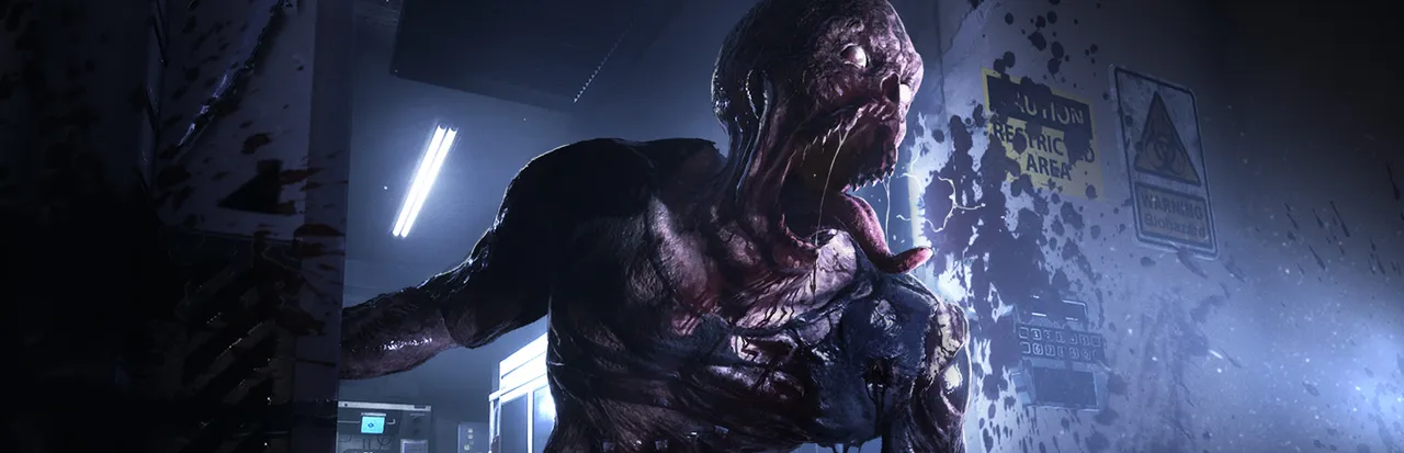 Daymare: 1998 key art: a skinless mutated creature with a split face lunges out of a lit lab corridor