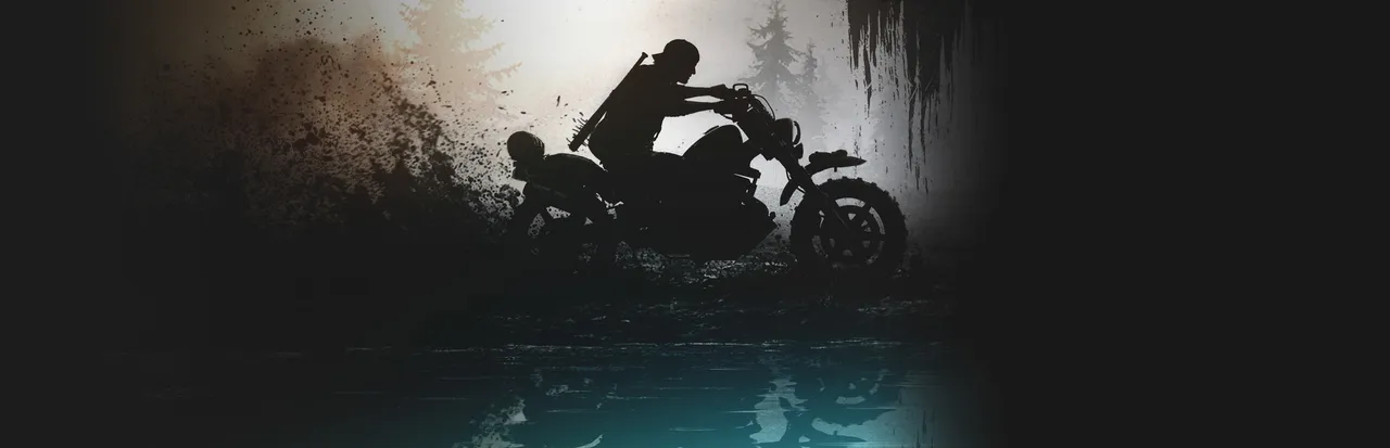 Days Gone key art: Deacon on his motorbike in silhouette, kicking up dirt over still water