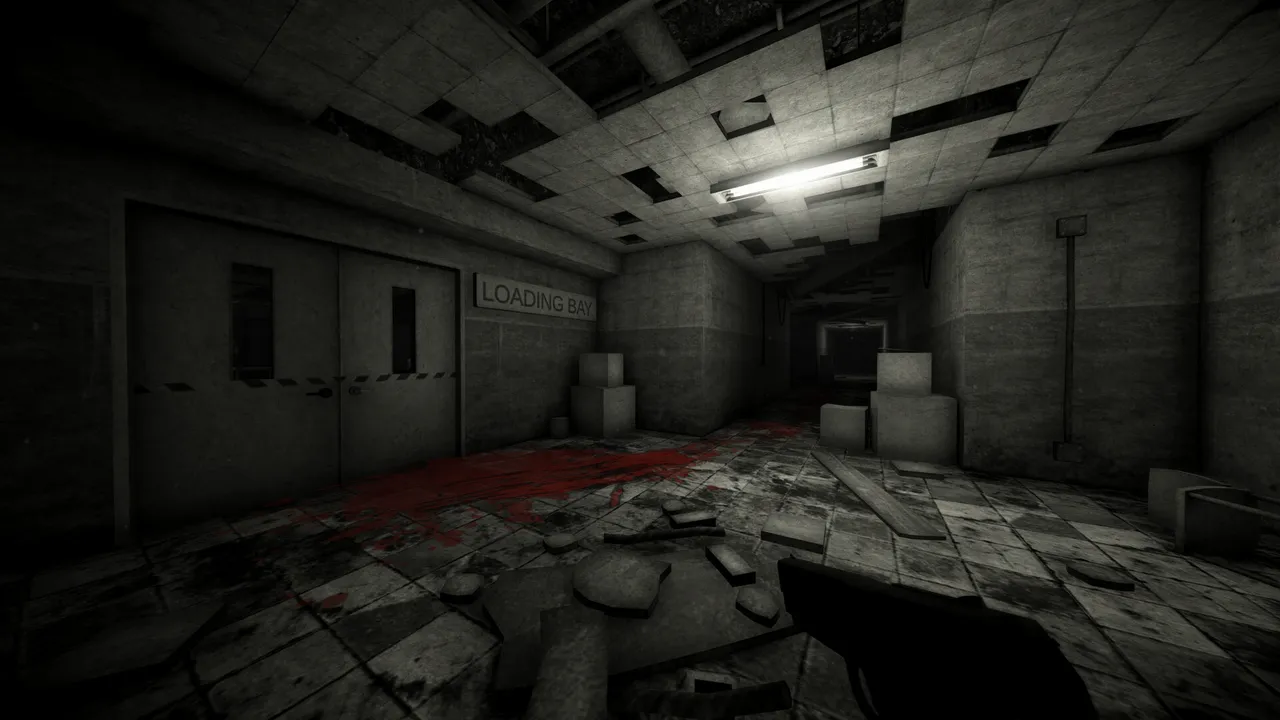 A grey, ruined corridor by the factory's loading bay, with a broken ceiling and a smear of blood across the floor