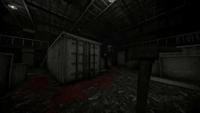 A pale masked figure half hidden behind a shipping container in a dark warehouse with blood on the floor