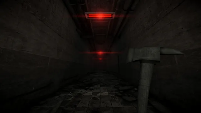 Holding a hammer in a narrow service tunnel lit by red ceiling lights