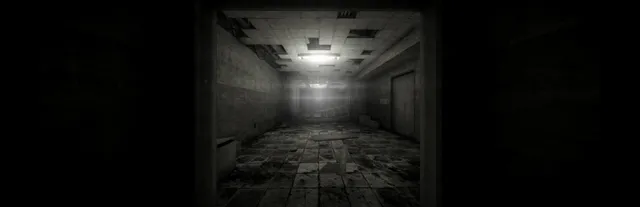 A long, decaying tiled corridor lit by one flickering ceiling light