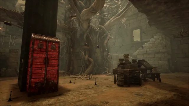 Dead by Daylight screenshot: a Survivor vaults over a wooden pallet while the Killer runs after them through ruins