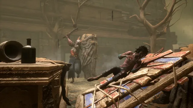 Dead by Daylight screenshot: a Survivor in a shirt and tie works on a generator with red lights glowing above it