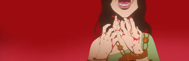 Dead by Daylight art: a smiling dark-haired woman drawn in an anime style raises blood-smeared hands against a red background