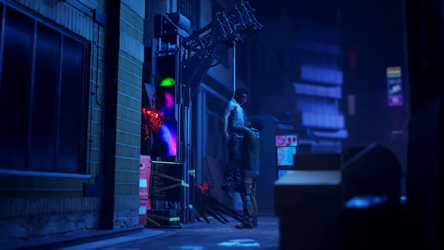 Dead by Daylight screenshot: a neon-lit city street at night with Korean signs and parked cars