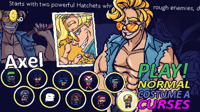 Dead Estate screenshot: the character select screen showing Axel, a muscular man in sunglasses, and nine other character icons