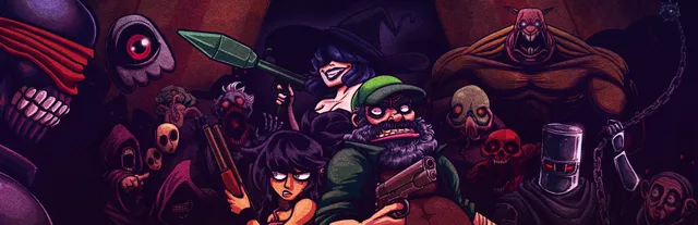 Dead Estate art: the playable heroes with guns crowded among skulls, ghouls, a one-eyed creature and a hulking masked brute