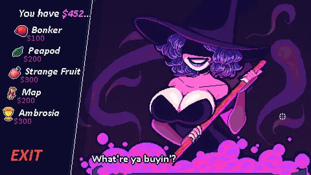 Dead Estate screenshot: a witch shopkeeper with a broom asks what you're buying beside a list of items and prices