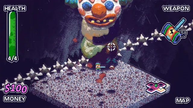 Dead Estate screenshot: a huge grinning clown looms behind spiked walls as the player fights in a small isometric room