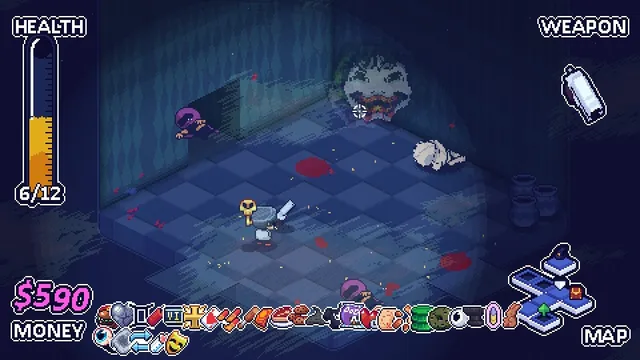 Dead Estate screenshot: a dark blue checkered room splashed with blood, with a pale ghoul face in the shadows