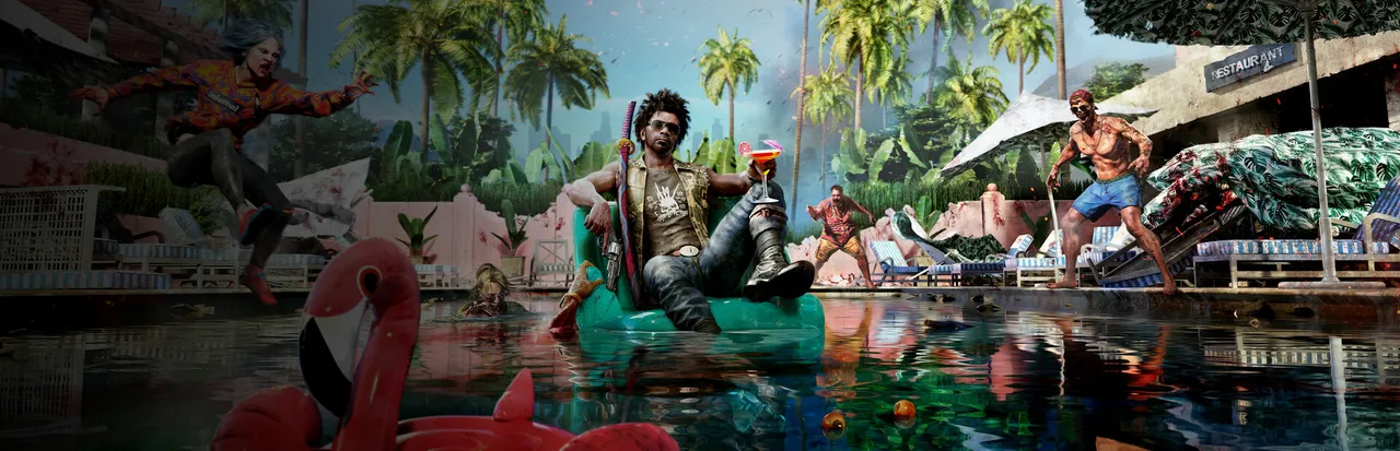 Dead Island 2 key art: a survivor lounges on a pool inflatable with a cocktail while zombies attack around a Los Angeles mansion pool