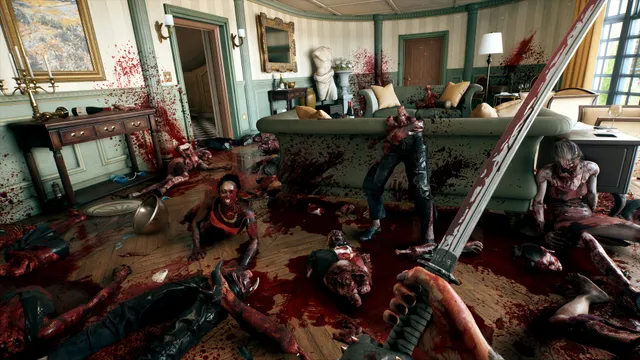 Dead Island 2 screenshot: a bloody katana in a mansion living room strewn with zombie bodies and blood