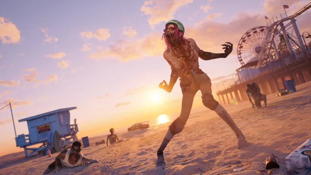 Dead Island 2 screenshot: a zombie in a skate helmet staggers across the beach at sunset beside Santa Monica Pier