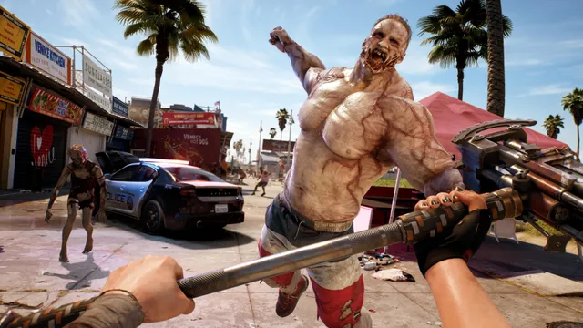 Dead Island 2 screenshot: a muscular zombie lunges at the player's spiked weapon on the Venice Beach boardwalk