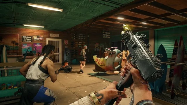 Dead Island 2 screenshot: the player fires a submachine gun inside a surf rental shop as a co-op partner swings a weapon