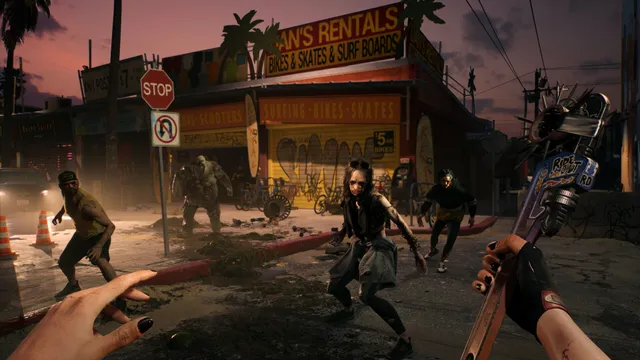 Dead Island 2 screenshot: zombies close in on a street at dusk as the player readies a wrench weapon