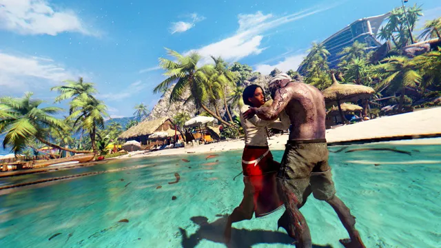 A zombie grabs a woman in the shallows of a turquoise lagoon by the resort