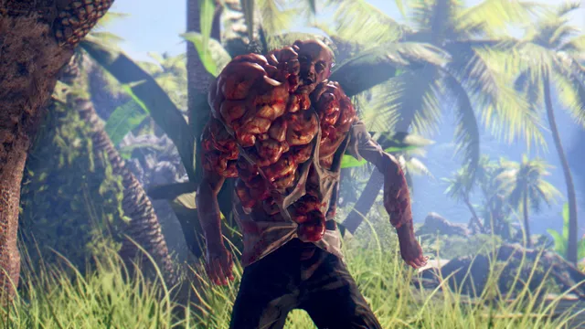 A bloated zombie covered in red growths lurches through a sunlit jungle