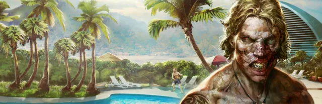 Dead Island key art: a snarling zombie with long blond hair in front of a palm-lined resort pool and hotel