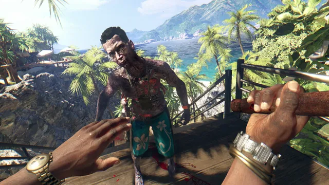 First-person view of a player raising a wooden paddle as a zombie in swim shorts comes up a boardwalk