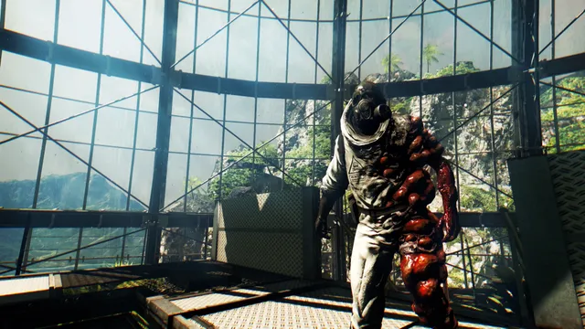 Dead Island: Riptide screenshot: a swollen, mutated infected walks through a glass-domed building