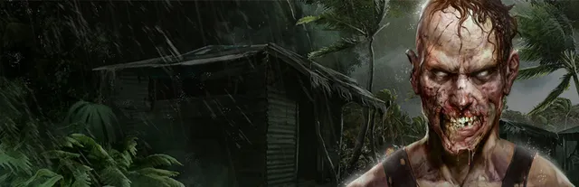 Dead Island: Riptide key art: a rotting zombie with bared teeth in front of a jungle hut