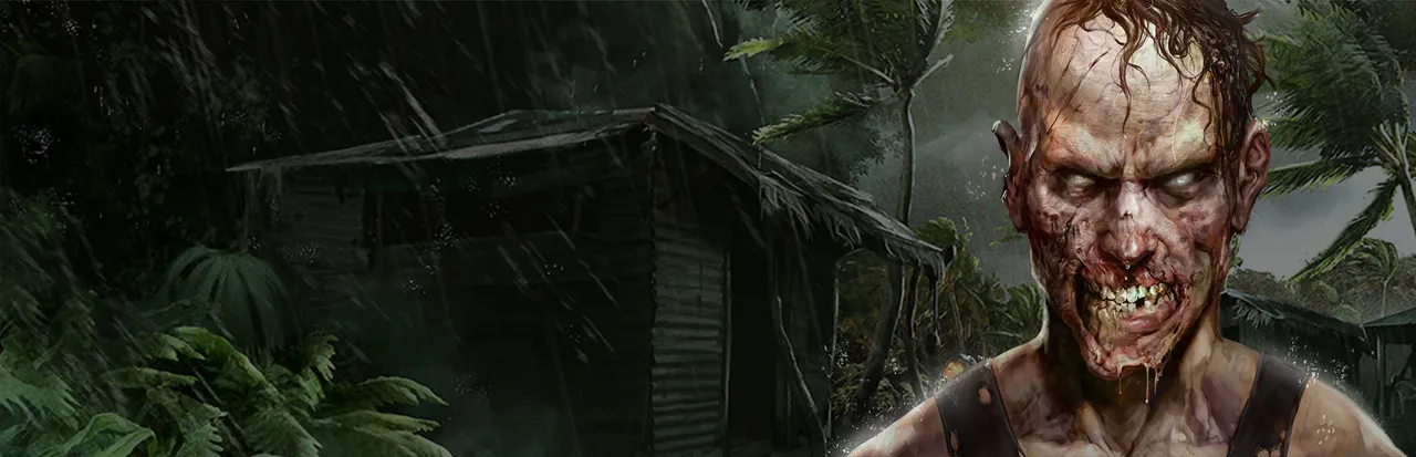 Dead Island: Riptide key art: a rotting zombie with bared teeth in front of a jungle hut