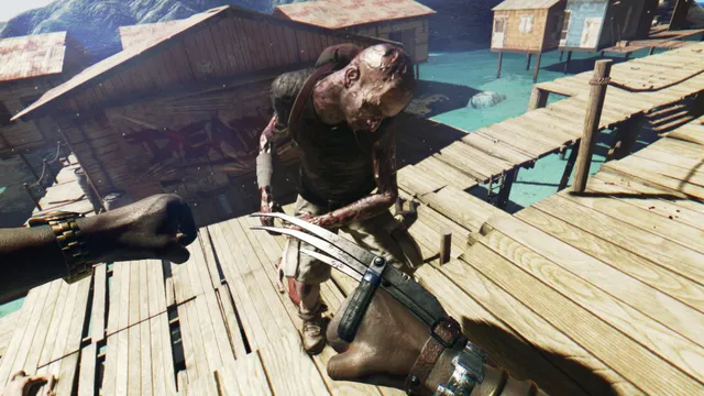 Dead Island: Riptide screenshot: first-person view of a clawed weapon raised against a zombie on a wooden jetty