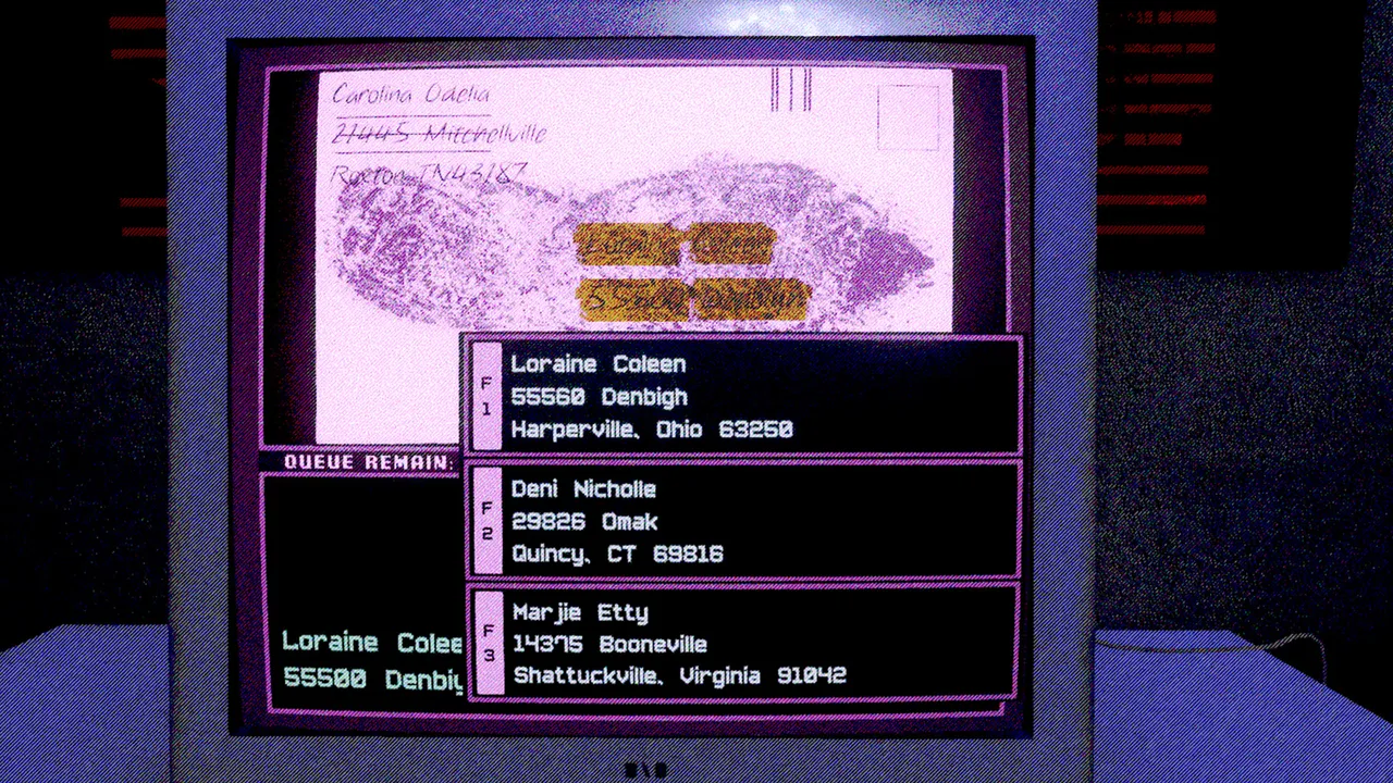 DEAD LETTER DEPT. screenshot: a scanned photo on an old monitor while the typed line reads Tonight I watched the light leave their eyes