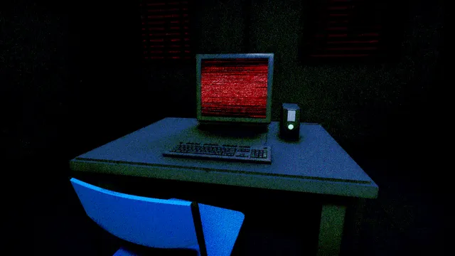 DEAD LETTER DEPT. screenshot: a lone desk with an old computer in a dark blue room