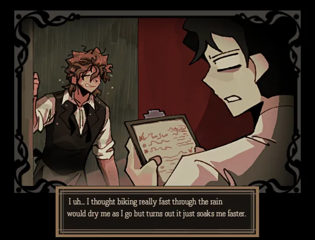 Illustrated scene of Rody arriving soaked from the rain while Vince reads a clipboard
