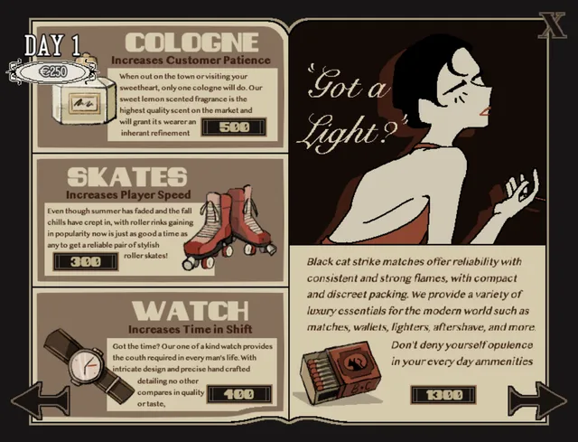 The shop catalogue on day 1, offering cologne, skates and a watch that help with shifts