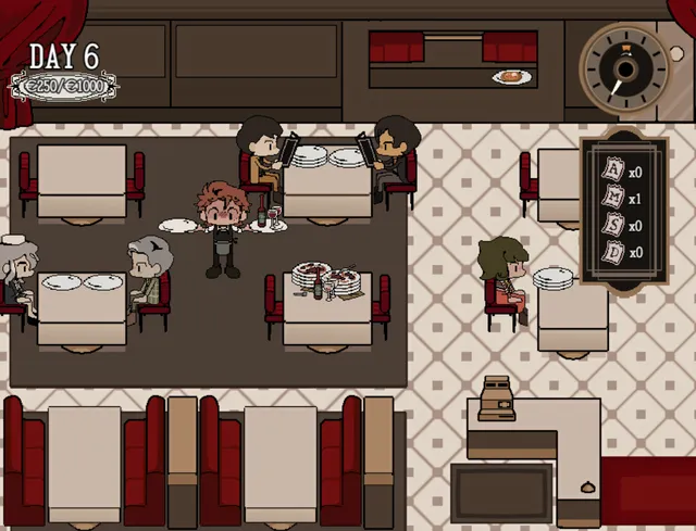 Dead Plate gameplay: Rody serves tables in the red and cream dining room on day 6, with the clock and order board on the right