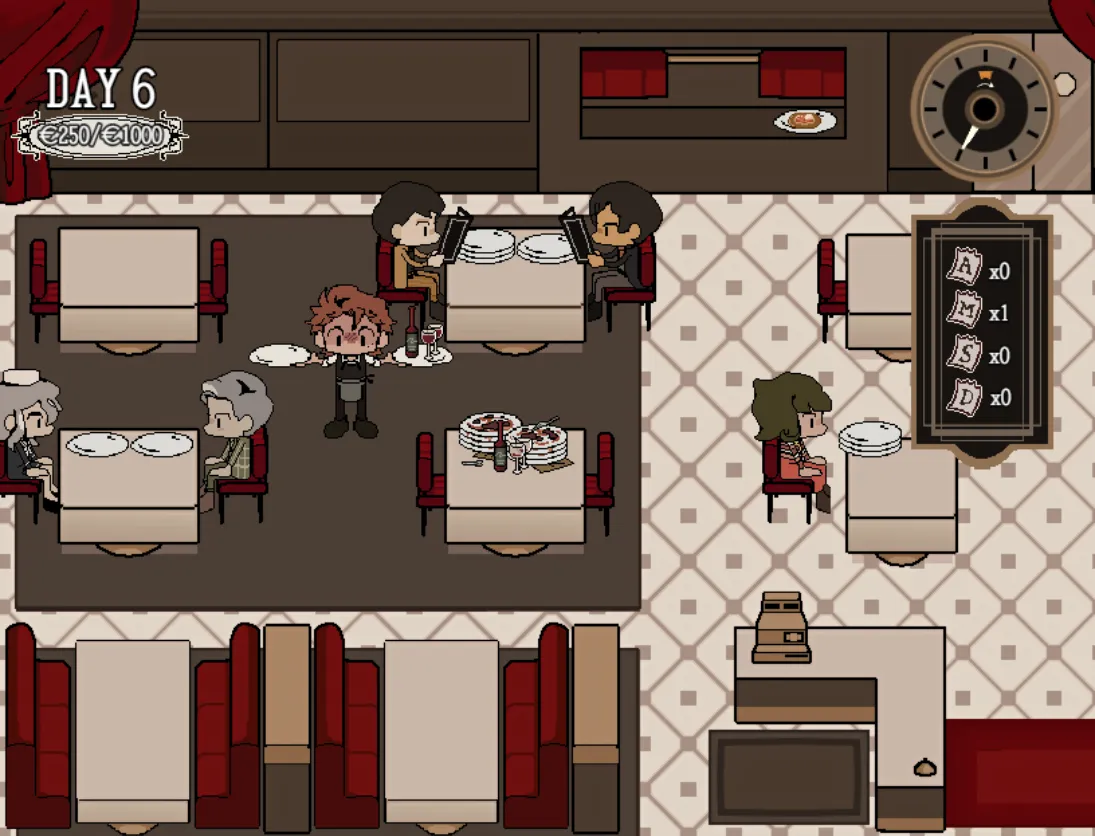 Dead Plate gameplay: Rody serves tables in the red and cream dining room on day 6, with the clock and order board on the right