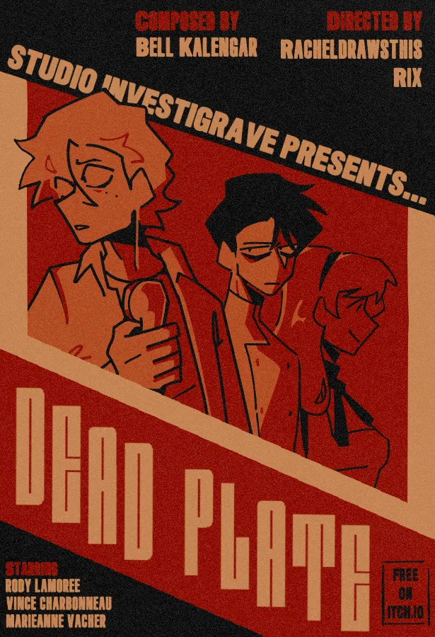 Dead Plate film-style poster: Rody, Vince and Marieanne under the title, presented by STUDIO INVESTIGRAVE