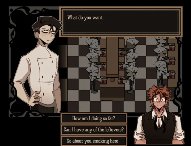 Chef Vince asks 'What do you want.' over the kitchen staff, with Rody's dialogue choices below