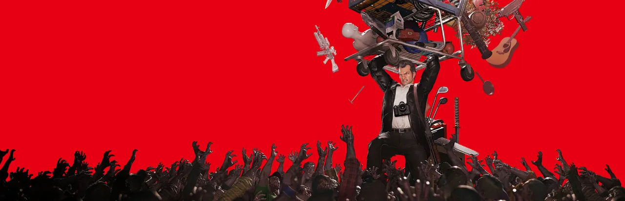 Dead Rising Deluxe Remaster key art: Frank West holds a heap of guns, guitars and household weapons over his head above a sea of zombie hands on a red background