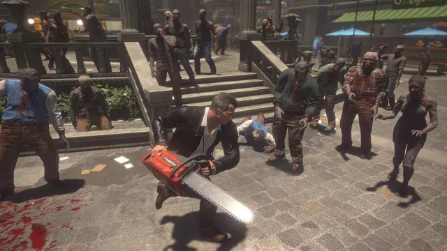 Dead Rising Deluxe Remaster screenshot: Frank runs at a group of zombies with a chainsaw on blood-spattered paving
