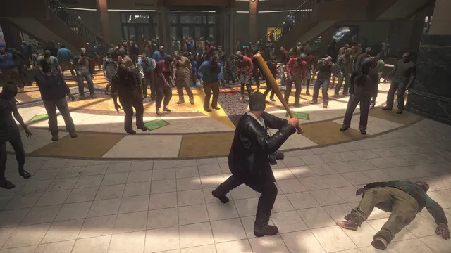 Dead Rising Deluxe Remaster screenshot: Frank swings a baseball bat in a mall plaza crowded with zombies