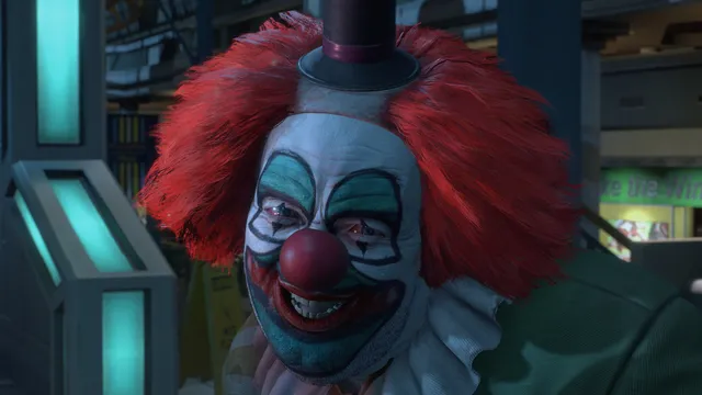Dead Rising Deluxe Remaster screenshot: a grinning clown in a red wig and top hat leans toward the camera
