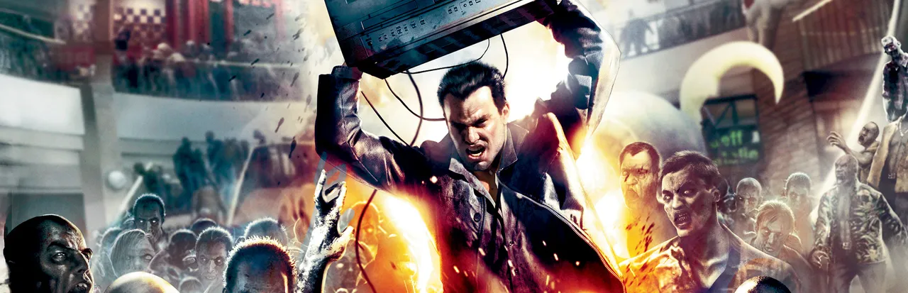 Dead Rising key art: Frank West in a leather jacket raises a television over his head above a crowd of zombies in a burning mall